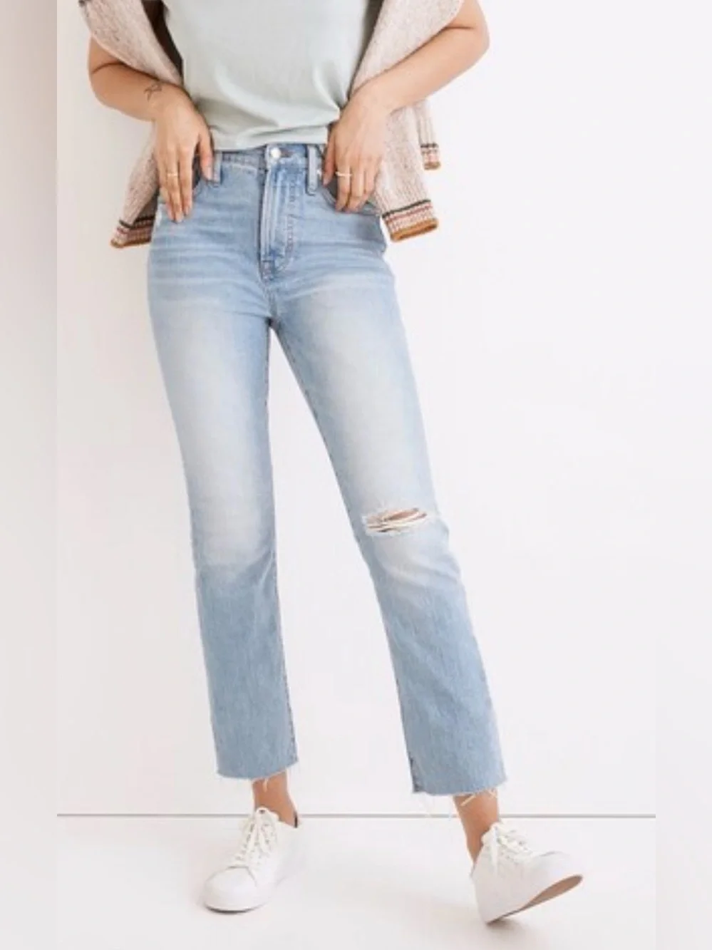 Madewell Jeans Perfect Vintage Straight Jean Light Wash Distress Raw Hem Size 26